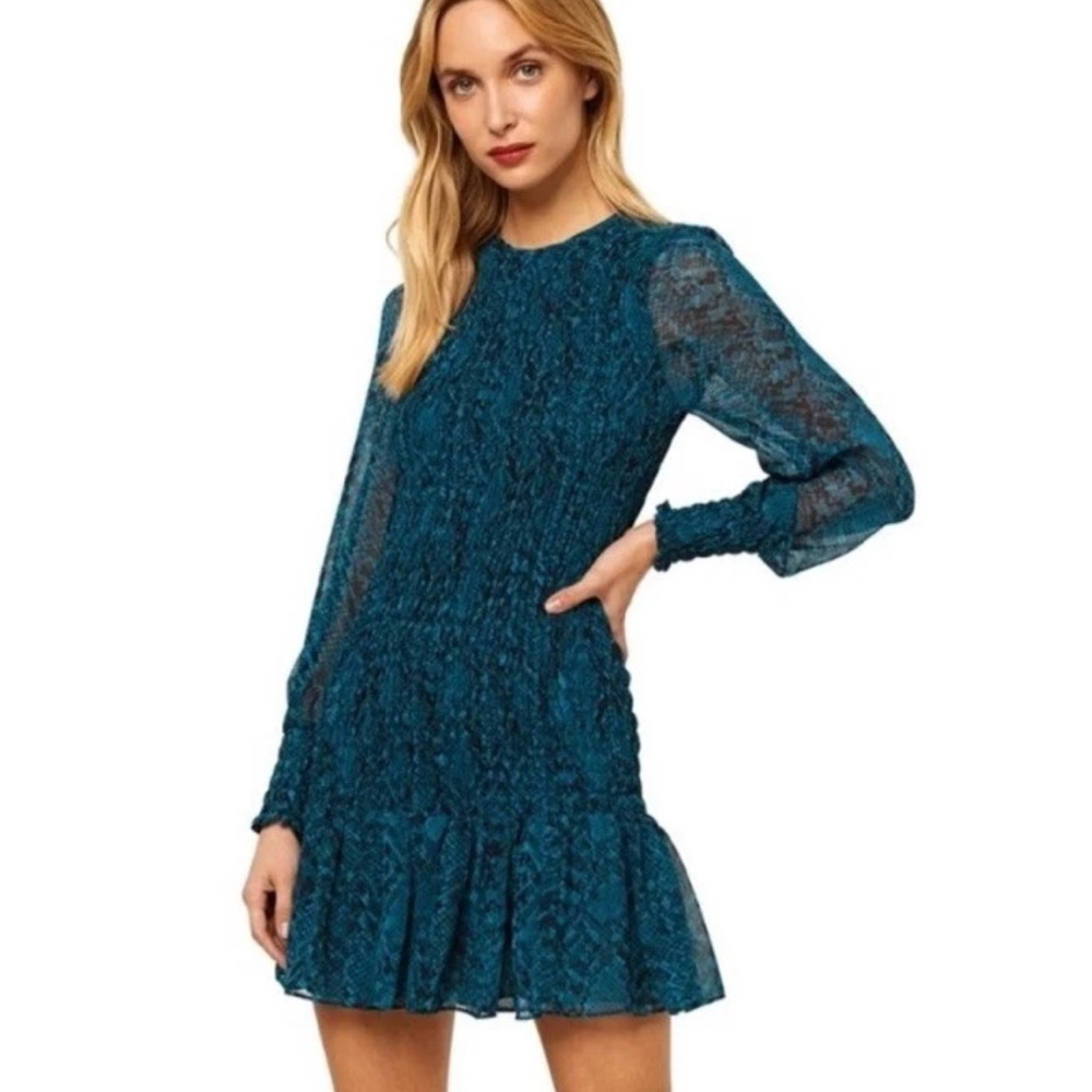 MISA Los Angeles Roisin Smocked Dress in a teal snakeskin size S